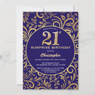Überraschung 21. Geburtstag Navy Blau und Gold Flo Einladung