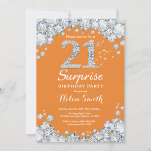 Überraschung 21. Geburtstag Orange und Silber Diam Einladung