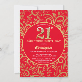 Überraschung 21. Geburtstag Rot und Gold Floral Einladung