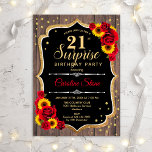 Überraschung 21. Geburtstag - Rustikale Holzblumen Einladung<br><div class="desc">Überraschung 21. Geburtstag Einladung. Weibliche rustikale Schwarz,  Weiß,  Rot-Design mit Imitaten Glitzer Gold. Verfügt über Holzmuster,  rote Rosen,  Sonnenblumen,  Skript-Schriftart und Konfetti. Ideal für eine elegante Geburtstagsfeier. Kann personalisiert sein,  jedes Alter zu zeigen. Nachricht,  wenn Sie weitere Anpassungen benötigen.</div>