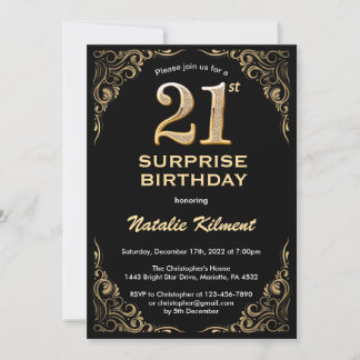 Überraschung 21. Geburtstag Schwarz und Gold Glitz Einladung