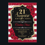 Überraschung 21. Geburtstag - Schwarz-weiß Red Einladung<br><div class="desc">Überraschung 21. Geburtstag Einladung. Weibliches Schwarz,  Weiß,  Rot-Design mit Imitaten Glitzer Gold. Enthält bordeauxfarbene und weiße Streifen,  rote Rosen,  Skript-Schriftart und Konfetti. Ideal für eine elegante Geburtstagsfeier. Kann personalisiert sein,  jedes Alter zu zeigen. Nachricht,  wenn Sie weitere Anpassungen benötigen.</div>