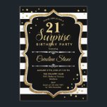 Überraschung 21. Geburtstag - Schwarz-weißes Gold Einladung<br><div class="desc">Überraschung 21. Geburtstag Einladung. Klassisches Design mit schwarz-weißen Streifen,  Script-Schriftart und Glitzer Gold. Ideal für eine elegante Geburtstagsfeier. Kann personalisiert sein,  jedes Alter zu zeigen. Nachricht,  wenn Sie weitere Anpassungen benötigen.</div>