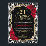 Überraschung 21. Geburtstag - Schwarze Gold Rote E Einladung<br><div class="desc">Überraschung 21. Geburtstag Einladung. Weibliches Schwarz,  rotes Design mit Imitaten Glitzer Gold. Enthält Damask-Muster,  rote Rosen,  Skript-Schriftart und Konfetti. Ideal für eine elegante Geburtstagsfeier. Kann personalisiert sein,  jedes Alter zu zeigen. Nachricht,  wenn Sie weitere Anpassungen benötigen.</div>