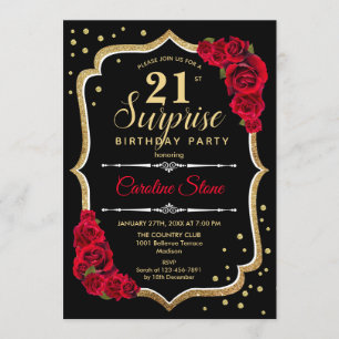 Überraschung 21. Geburtstag - Schwarze Gold Rote E Einladung