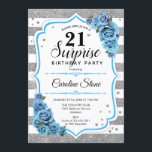 Überraschung 21. Geburtstag - Silver White Blue Einladung<br><div class="desc">Überraschung 21. Geburtstag Einladung. Weiß,  türkisblau und türkisblau mit Imitaten Glitzer Silber. Features Streifen,  hellblaue Rose,  Skript-Schriftart und Konfetti. Ideal für eine elegante Geburtstagsfeier. Kann personalisiert sein,  jedes Alter zu zeigen. Nachricht,  wenn Sie weitere Anpassungen benötigen.</div>