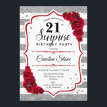 Überraschung 21. Geburtstag - Silver White Red Einladung<br><div class="desc">Überraschung 21. Geburtstag Einladung. Weiblich,  rotes Design mit Imitaten Glitzer Silber. Enthält Streifen,  rote Rosen,  Skript-Schriftart und Konfetti. Ideal für eine elegante Geburtstagsfeier. Kann personalisiert sein,  jedes Alter zu zeigen. Nachricht,  wenn Sie weitere Anpassungen benötigen.</div>
