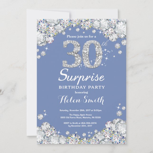 Überraschung 30. Geburtstag Blue Silver Diamond Einladung (Vorderseite)