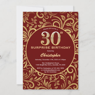 Überraschung 30. Geburtstag Burgund Red & Gold Flo Einladung