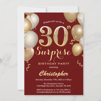 Überraschung 30. Geburtstag Dunkelrot und Gold Bal Einladung