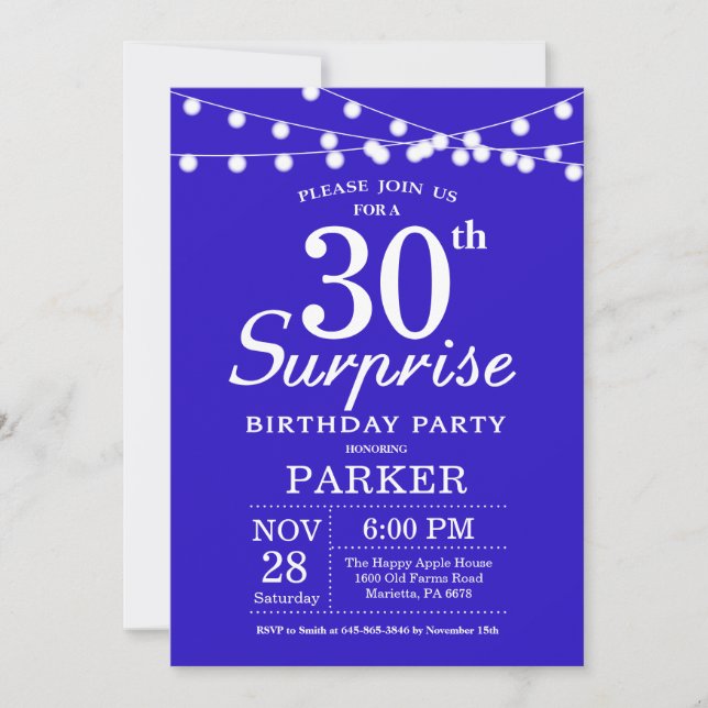 Überraschung 30. Geburtstag Einladung Royal Blue (Vorderseite)