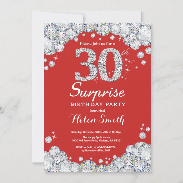 Überraschung 30. Geburtstag Einladung Silver Diamo (Vorderseite)
