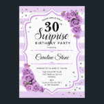 Überraschung 30. Geburtstag - Lila Weiß Einladung<br><div class="desc">Überraschung 30. Geburtstag Einladung. Weiblich weiß,  lavendelfarbenes Design. Features Streifen,  pastellfarbene lila Rose,  Skript-Schriftart und Konfetti. Ideal für eine elegante Geburtstagsfeier. Kann personalisiert sein,  jedes Alter zu zeigen. Nachricht,  wenn Sie weitere Anpassungen benötigen.</div>