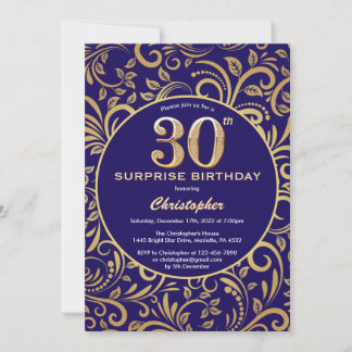 Überraschung 30. Geburtstag Navy Blau und Gold Flo Einladung