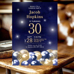Überraschung 30. Geburtstag Navy Blue Gold Balloon Einladung
