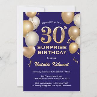 Überraschung 30. Geburtstag Navy Blue und Gold Bal Einladung