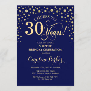 Überraschung 30. Geburtstag Party - Navy Blue Gold Einladung