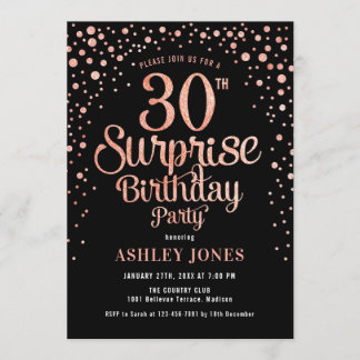Überraschung 30. Geburtstag Party - Schwarz & Rose Einladung