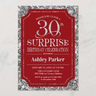 Überraschung 30. Geburtstag Party - Silver Red Einladung