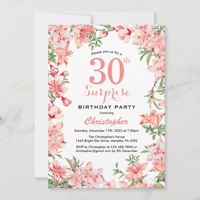 Überraschung 30. Geburtstag Pink Boho Botanische F Einladung (Vorderseite)
