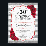 Überraschung 30. Geburtstag - Silver White Red Einladung<br><div class="desc">Überraschung 30. Geburtstag Einladung. Weiblich,  rotes Design mit Imitaten Glitzer Silber. Enthält Streifen,  rote Rosen,  Skript-Schriftart und Konfetti. Ideal für eine elegante Geburtstagsfeier. Kann personalisiert sein,  jedes Alter zu zeigen. Nachricht,  wenn Sie weitere Anpassungen benötigen.</div>