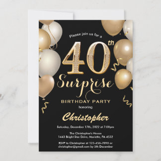 Überraschung 40. Geburtstag Black and Gold Ballons Einladung
