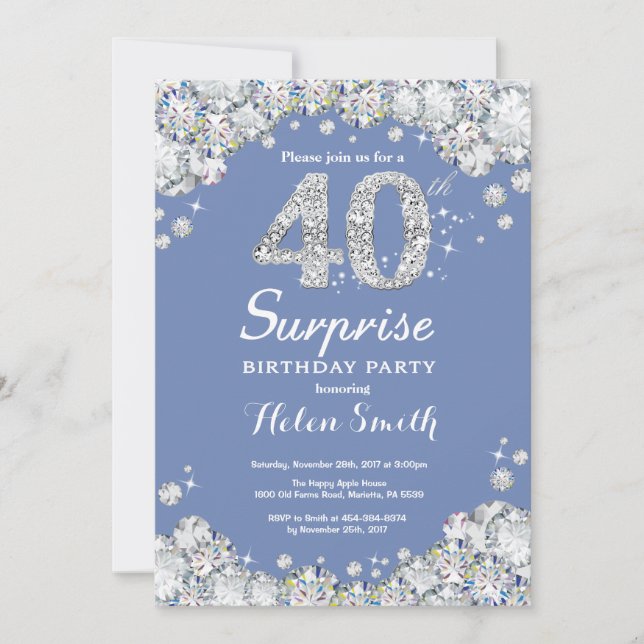 Überraschung 40. Geburtstag Blue Silver Diamond Einladung (Vorderseite)