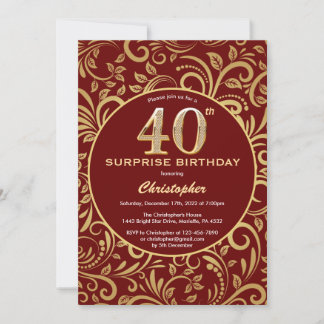 Überraschung 40. Geburtstag Burgund Red & Gold Flo Einladung