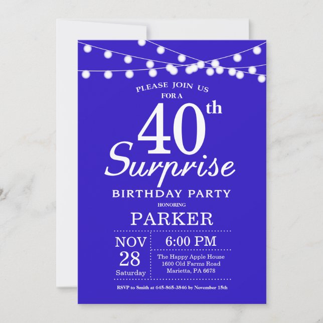 Überraschung 40. Geburtstag Einladung Royal Blue (Vorderseite)