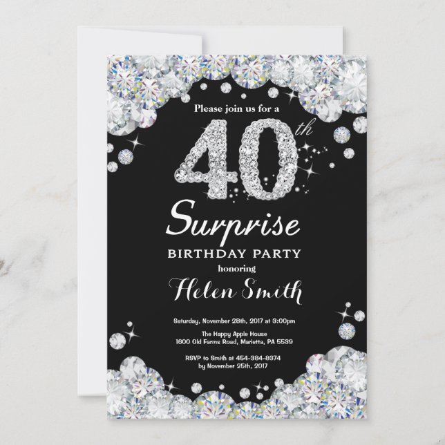 Überraschung 40. Geburtstag Einladung Silver Diamo (Vorderseite)