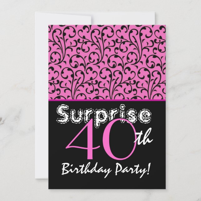 ÜBERRASCHUNG 40. Geburtstag Hellrosa Schwarze Wirb Einladung (Vorderseite)