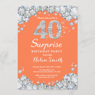 Überraschung 40. Geburtstag Koralle Silber Diamond Einladung