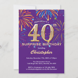 Überraschung 40. Geburtstag Lila und Gold Feuerwer Einladung