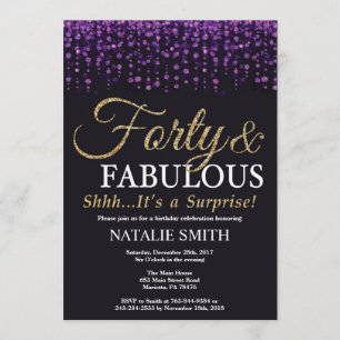 Überraschung 40. Geburtstag Lila und Gold Glitzer Einladung