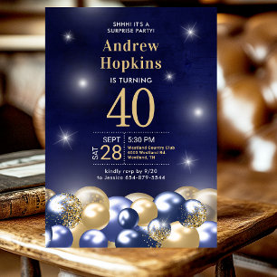 Überraschung 40. Geburtstag Navy Blau Goldene Ball Einladung
