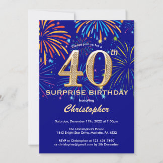 Überraschung 40. Geburtstag Navy Blue & Gold Firew Einladung
