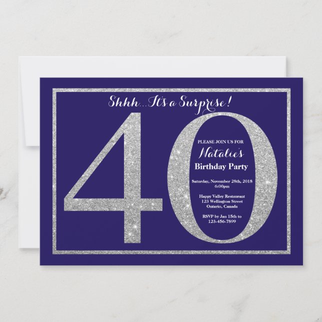 Überraschung 40. Geburtstag Navy Blue Silver Glitz Einladung (Vorderseite)