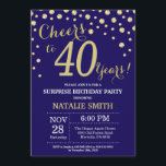 Überraschung 40. Geburtstag Navy Blue und Gold Dia Einladung<br><div class="desc">Überraschung 40. Geburtstag Einladung mit Navy Blue und Gold Glitzer Diamond Hintergrund. Gold Confetti. Erwachsener Geburtstag. Männer oder Frauen zum Geburtstag.
Für weitere Anpassungen klicken Sie bitte auf die Schaltfläche "Anpassen" und verwenden Sie unser Designwerkzeug,  um diese Vorlage zu ändern.</div>