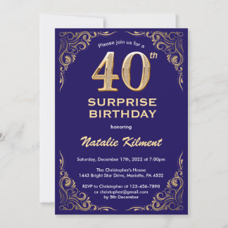 Überraschung 40. Geburtstag Navy Blue und Gold Gli Einladung