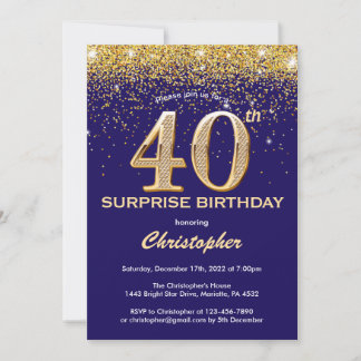 Überraschung 40. Geburtstag Navy Blue und Gold Gli Einladung