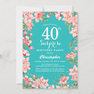 Überraschung 40. Geburtstag Rosa Blume Aquamarin Einladung
