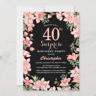 Überraschung 40. Geburtstag Rosa Blume Schwarz Einladung