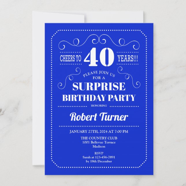 Überraschung 40. Geburtstag - Royal Blue Einladung (Vorderseite)