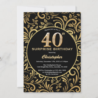 Überraschung 40. Geburtstag Schwarz und Gold Flora Einladung