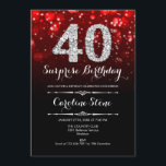 Überraschung 40. Geburtstag - Schwarzes Rotes Silb Einladung<br><div class="desc">Überraschung 40. Geburtstag Einladung. Elegantes schwarz rotes Design mit Imitaten Glitzer Silber. Erwachsener Geburtstag. Enthält Diamanten,  Bokeh-Leuchten und Skript-Schriftart. Männer oder Frauen laden ein. Ideal für eine stilvolle Geburtstagsfeier. Nachricht,  wenn Sie weitere Anpassungen benötigen.</div>