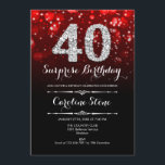 Überraschung 40. Geburtstag - Schwarzes Rotes Silb Einladung<br><div class="desc">Überraschung 40. Geburtstag Einladung. Elegantes schwarz rotes Design mit Imitaten Glitzer Silber. Erwachsener Geburtstag. Enthält Diamanten,  Bokeh-Leuchten und Skript-Schriftart. Männer oder Frauen laden ein. Ideal für eine stilvolle Geburtstagsfeier. Nachricht,  wenn Sie weitere Anpassungen benötigen.</div>