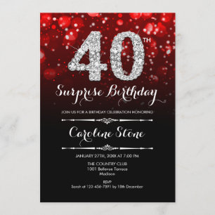 Überraschung 40. Geburtstag - Schwarzes Rotes Silb Einladung