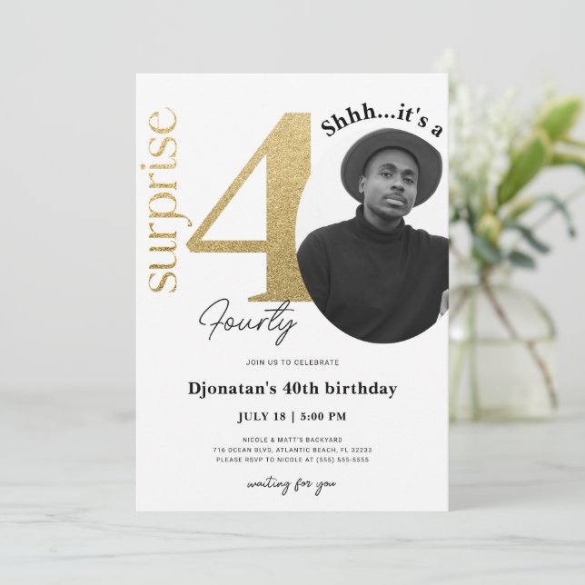 Überraschung 40. Gold Geburtstag Einladung mit Fot (Stehend Vorderseite)