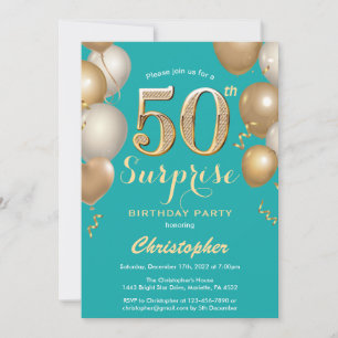 Überraschung 50. Geburtstag Aquamarin und Gold Bal Einladung