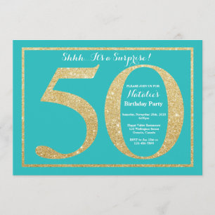 Überraschung 50. Geburtstag Aquamarin und Gold Gli Einladung